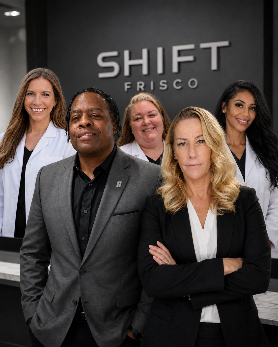The Shift Frisco medical team in front of the Shift Frisco sign